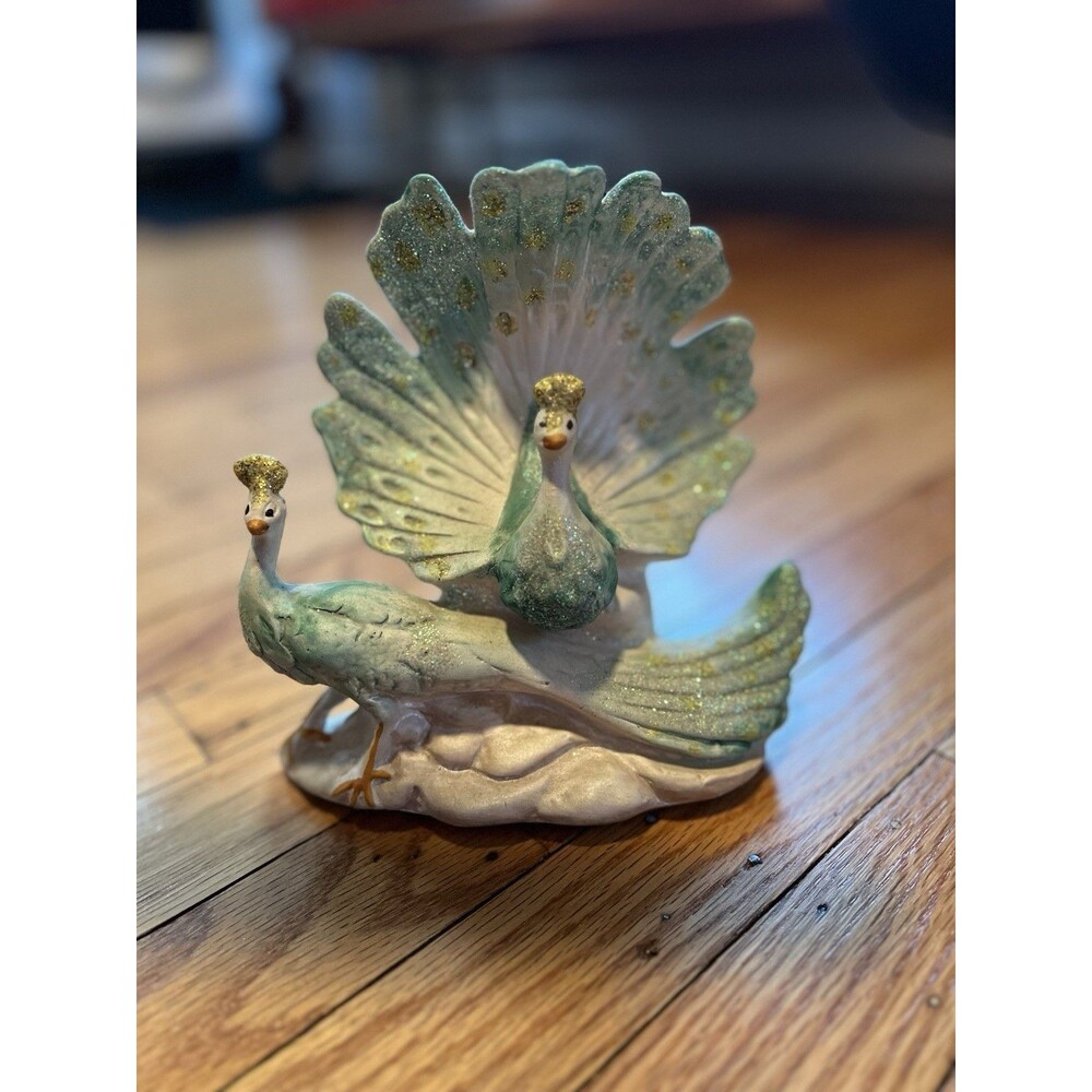 Capodimonte Double Peacock Figurine Italy Blue Gold Porcelain 7” Figure Decor